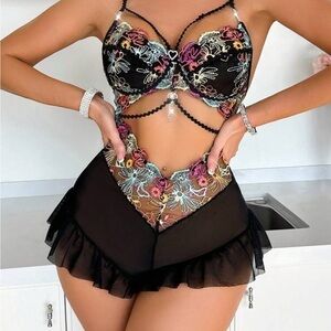 Floral Embroidered Black Set